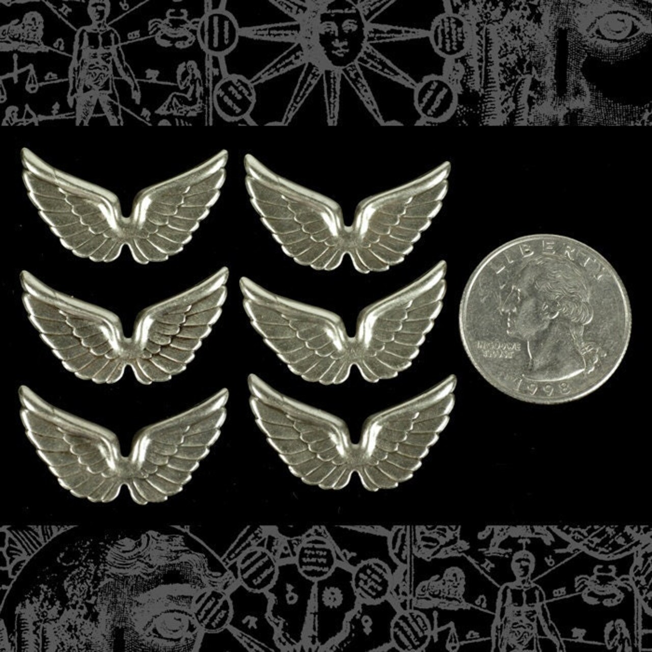 Antiqued Silver Plated Brass Joined Wing Charms - Set of Six - S-C44